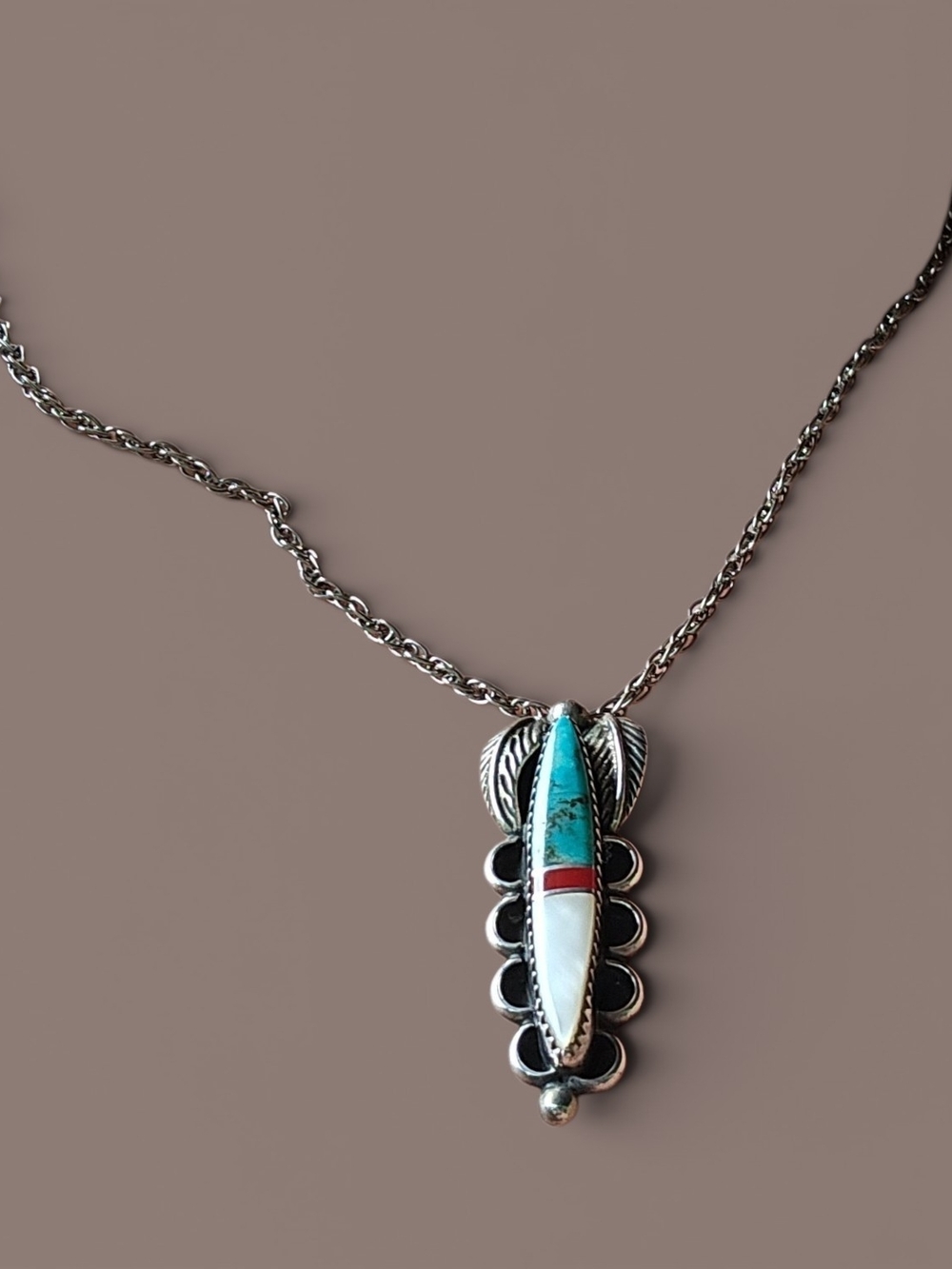 Turquoise & Mother Pearl Inlay Pendant Necklace Sterling SS- Women Jewelry Vtg